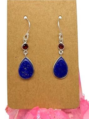 Lapis Lazuli Garnet Earrings Solid 925 Sterling Silver Dangle Drop Blue Stone